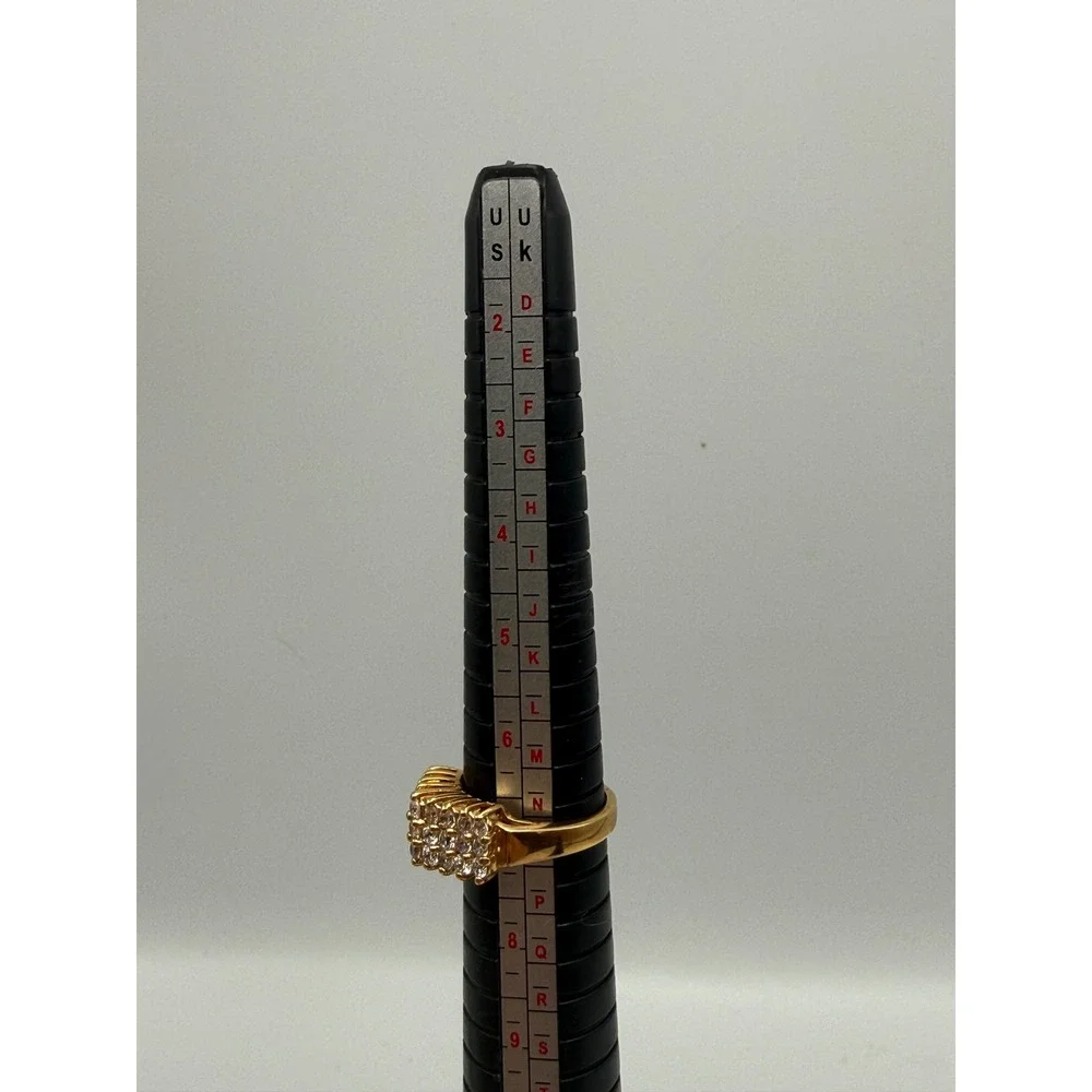 Gold Tone Triple Row Clear Cubic Zirconia Pave Cocktail Ring Size 7.25